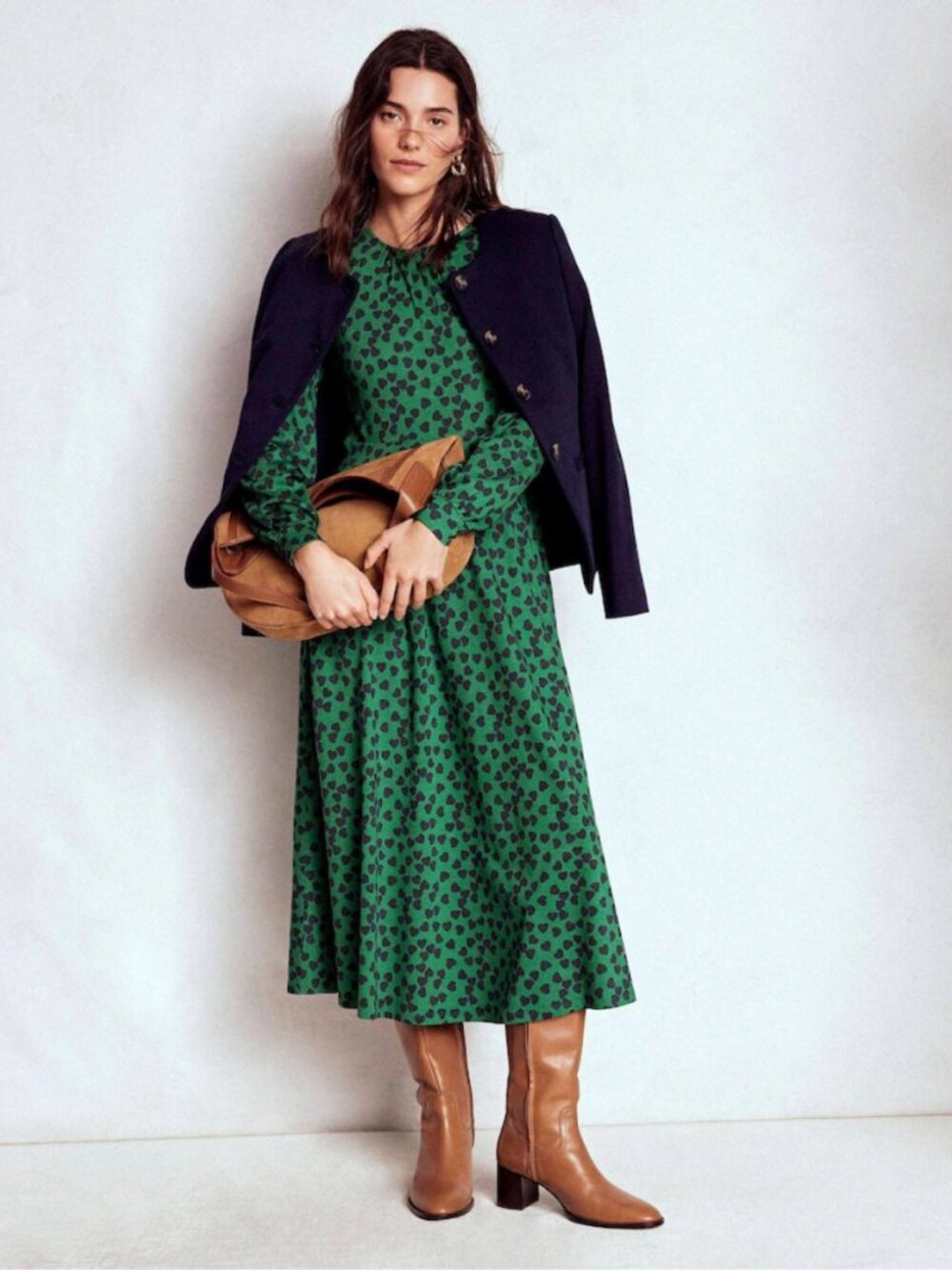 BODEN Alexandra Jersey Midi Dress in Green Hearts Print - Picture 2 of 8